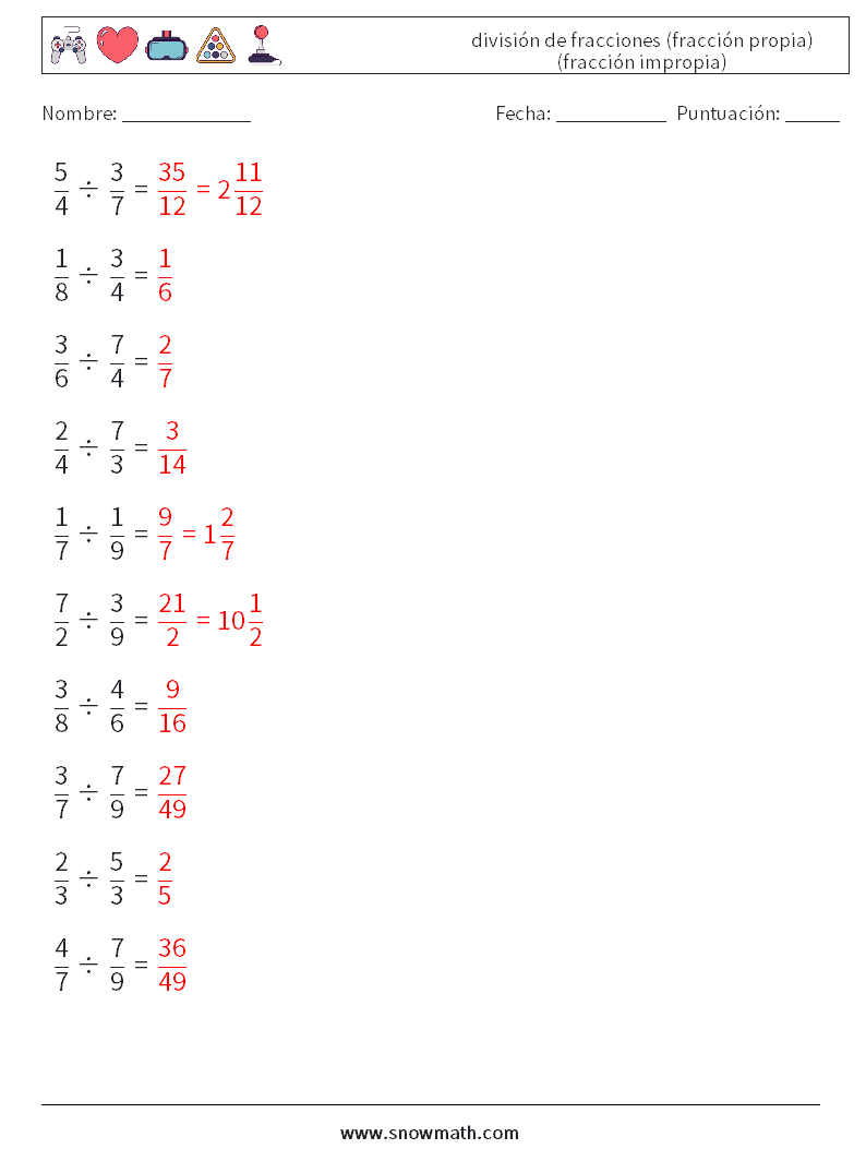 (10) división de fracciones (fracción propia) (fracción impropia) Hojas de trabajo de matemáticas 13 Pregunta, respuesta