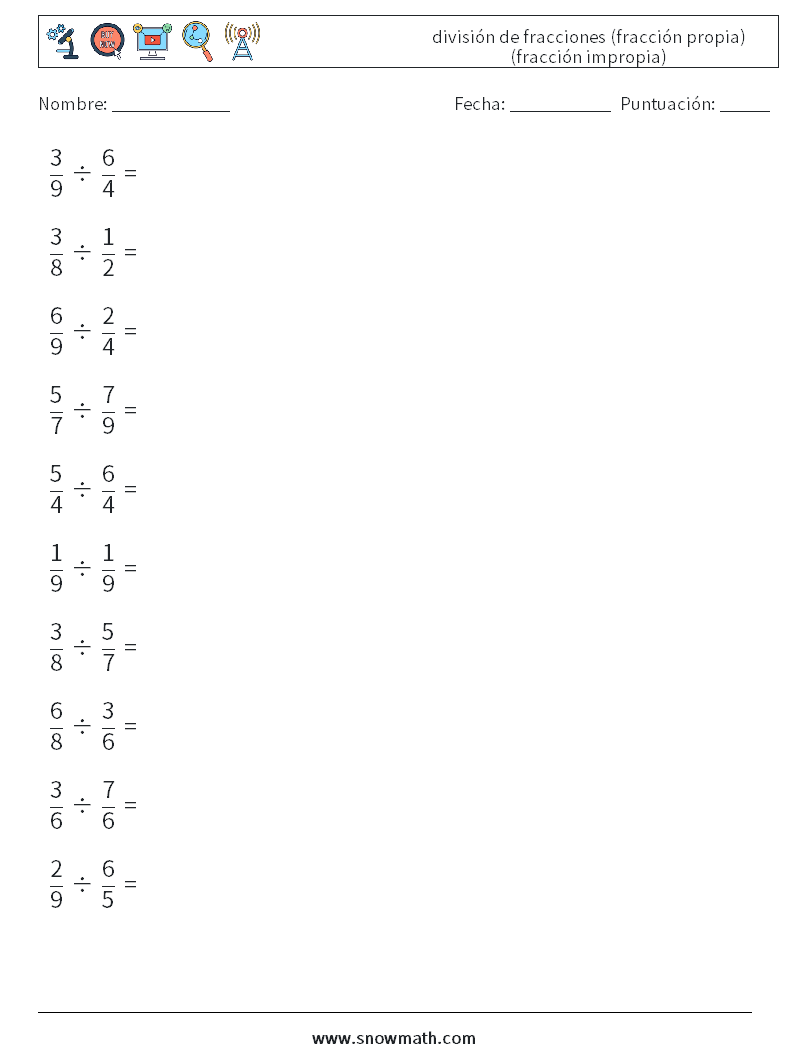 (10) división de fracciones (fracción propia) (fracción impropia) Hojas de trabajo de matemáticas 14