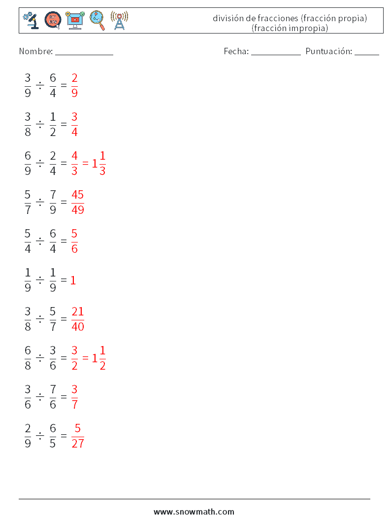 (10) división de fracciones (fracción propia) (fracción impropia) Hojas de trabajo de matemáticas 14 Pregunta, respuesta