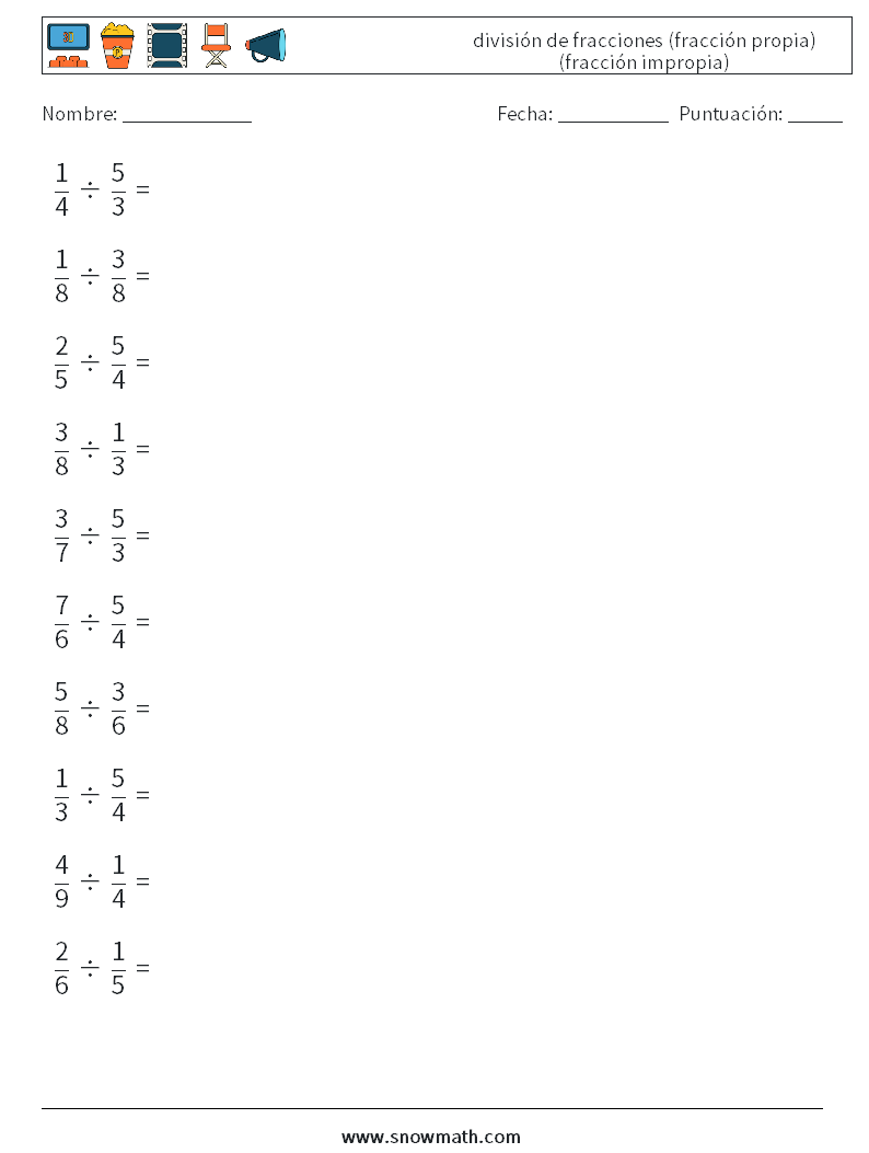 (10) división de fracciones (fracción propia) (fracción impropia) Hojas de trabajo de matemáticas 15