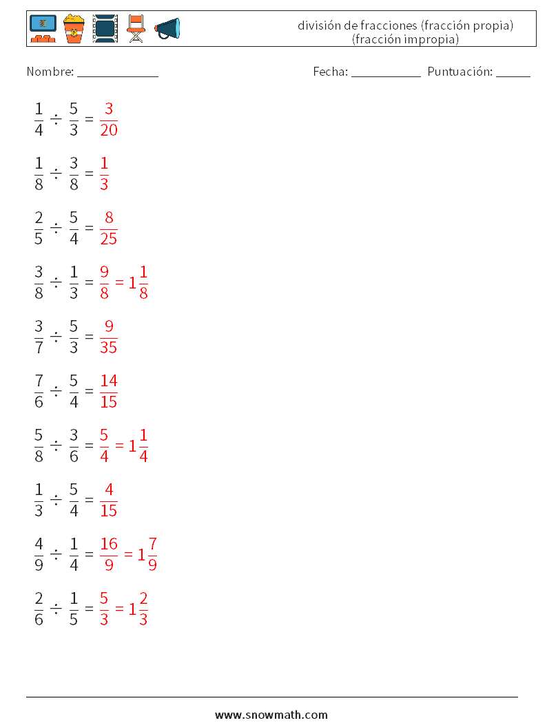 (10) división de fracciones (fracción propia) (fracción impropia) Hojas de trabajo de matemáticas 15 Pregunta, respuesta