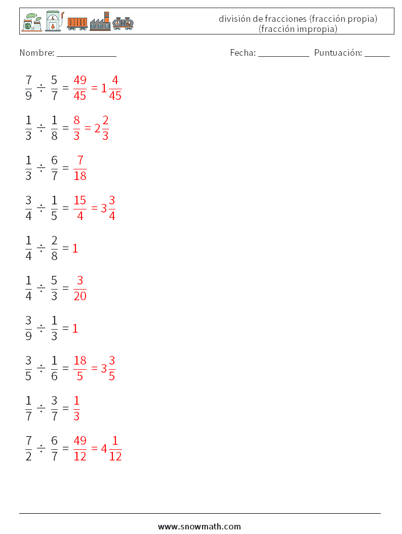 (10) división de fracciones (fracción propia) (fracción impropia) Hojas de trabajo de matemáticas 16 Pregunta, respuesta