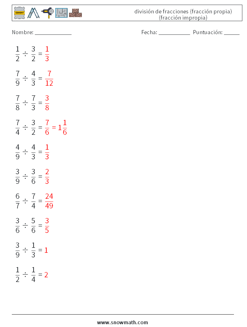 (10) división de fracciones (fracción propia) (fracción impropia) Hojas de trabajo de matemáticas 17 Pregunta, respuesta