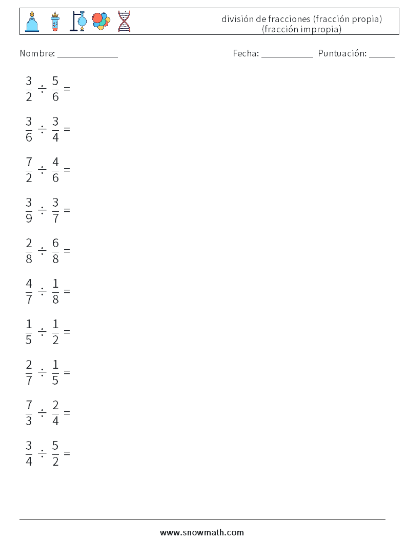 (10) división de fracciones (fracción propia) (fracción impropia) Hojas de trabajo de matemáticas 18