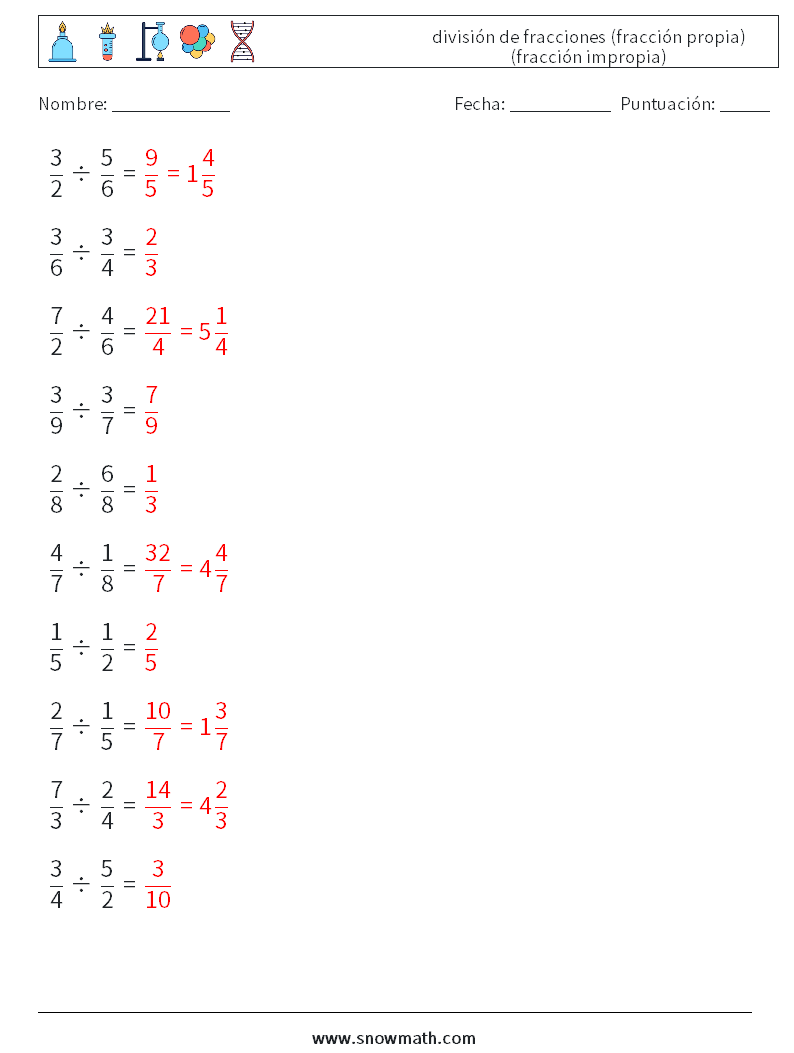 (10) división de fracciones (fracción propia) (fracción impropia) Hojas de trabajo de matemáticas 18 Pregunta, respuesta