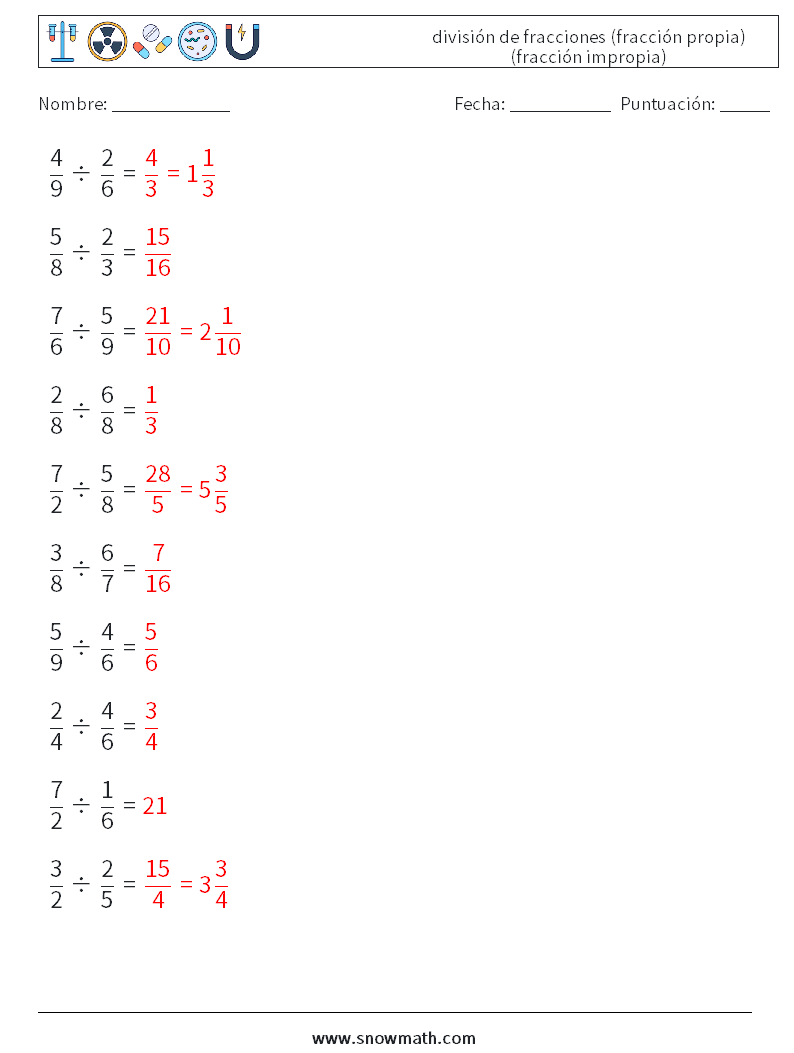 (10) división de fracciones (fracción propia) (fracción impropia) Hojas de trabajo de matemáticas 1 Pregunta, respuesta