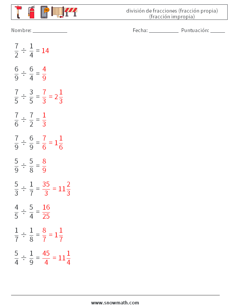 (10) división de fracciones (fracción propia) (fracción impropia) Hojas de trabajo de matemáticas 2 Pregunta, respuesta
