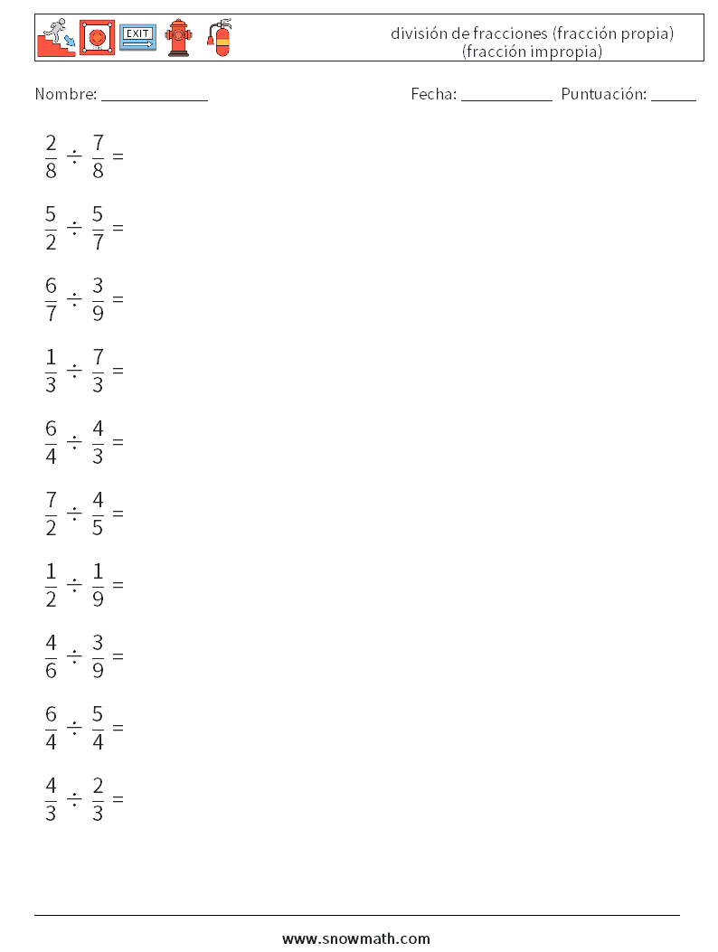 (10) división de fracciones (fracción propia) (fracción impropia) Hojas de trabajo de matemáticas 3