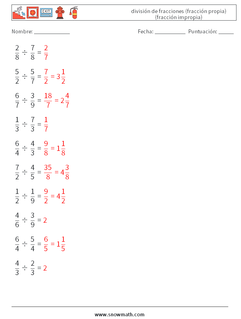 (10) división de fracciones (fracción propia) (fracción impropia) Hojas de trabajo de matemáticas 3 Pregunta, respuesta