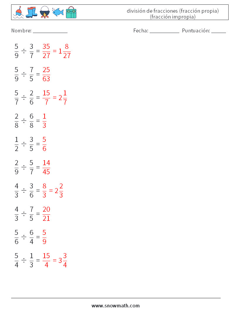 (10) división de fracciones (fracción propia) (fracción impropia) Hojas de trabajo de matemáticas 4 Pregunta, respuesta