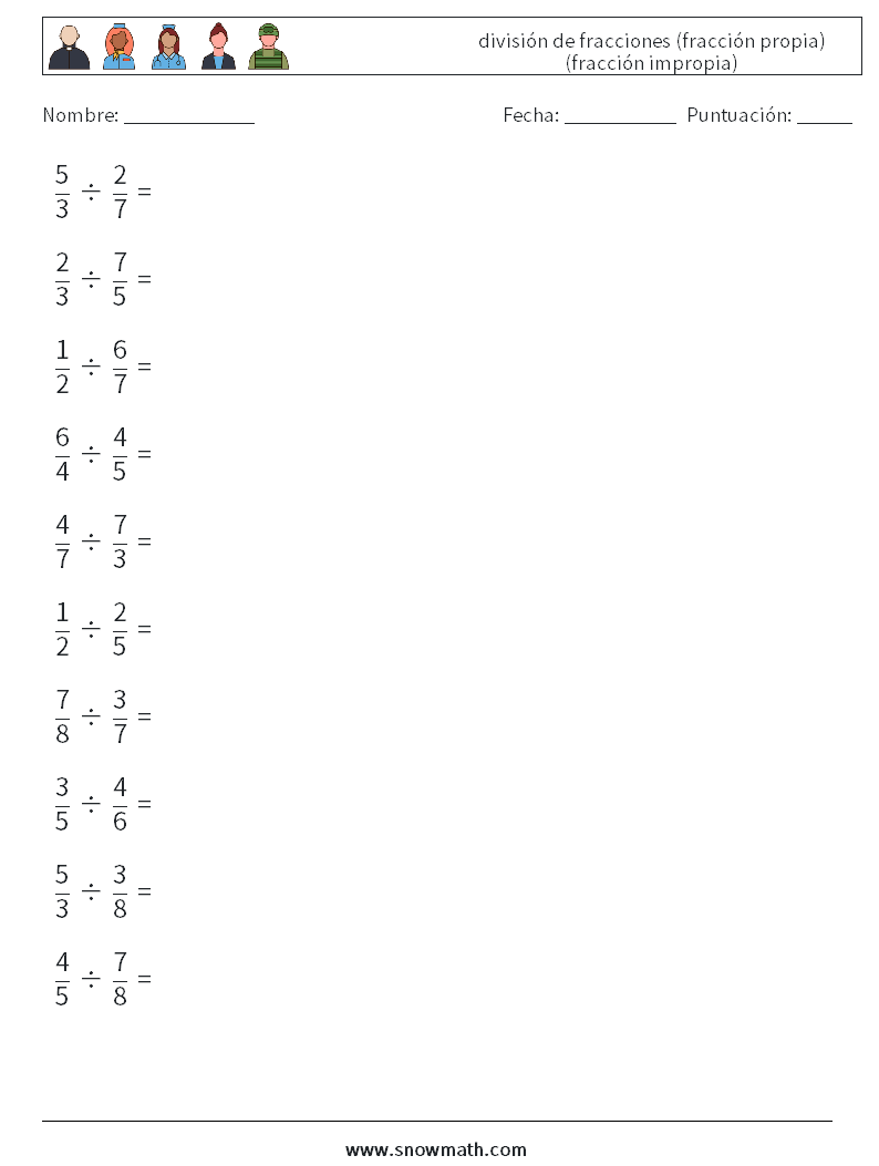 (10) división de fracciones (fracción propia) (fracción impropia) Hojas de trabajo de matemáticas 5