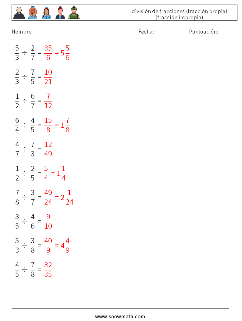 (10) división de fracciones (fracción propia) (fracción impropia) Hojas de trabajo de matemáticas 5 Pregunta, respuesta