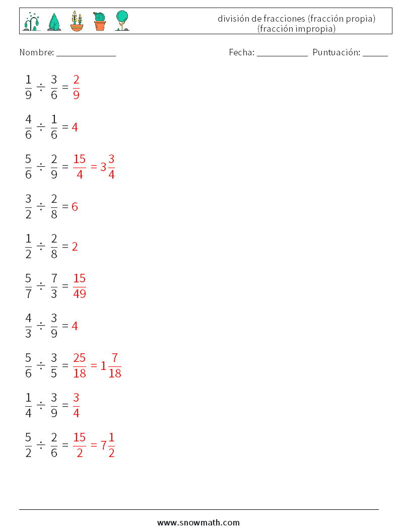 (10) división de fracciones (fracción propia) (fracción impropia) Hojas de trabajo de matemáticas 6 Pregunta, respuesta