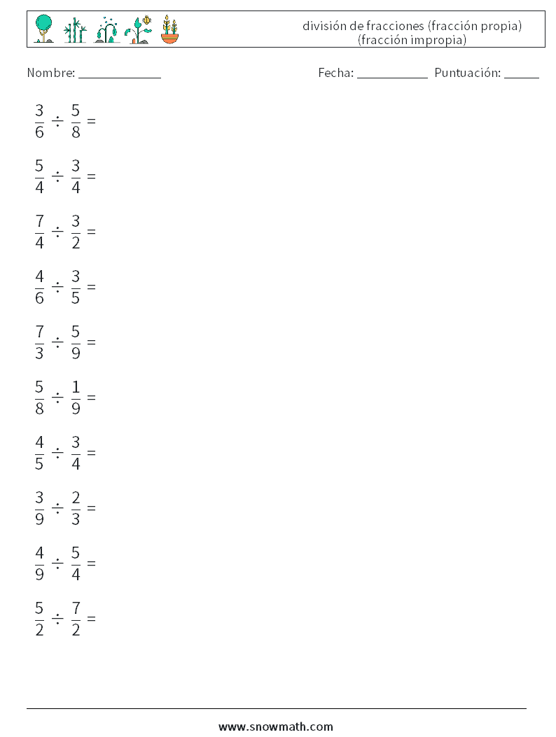 (10) división de fracciones (fracción propia) (fracción impropia) Hojas de trabajo de matemáticas 7