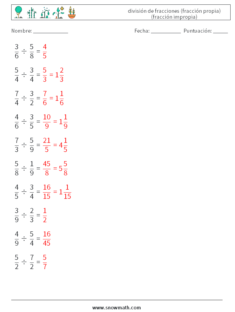 (10) división de fracciones (fracción propia) (fracción impropia) Hojas de trabajo de matemáticas 7 Pregunta, respuesta