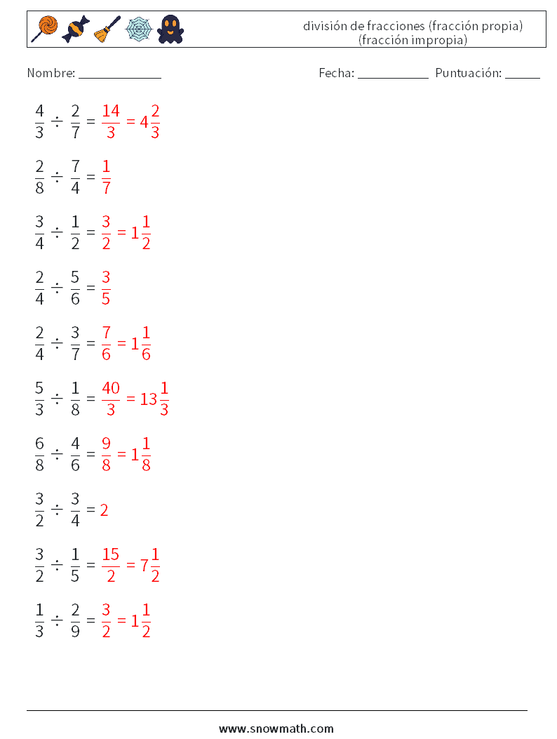 (10) división de fracciones (fracción propia) (fracción impropia) Hojas de trabajo de matemáticas 8 Pregunta, respuesta