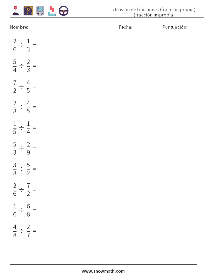 (10) división de fracciones (fracción propia) (fracción impropia) Hojas de trabajo de matemáticas 9