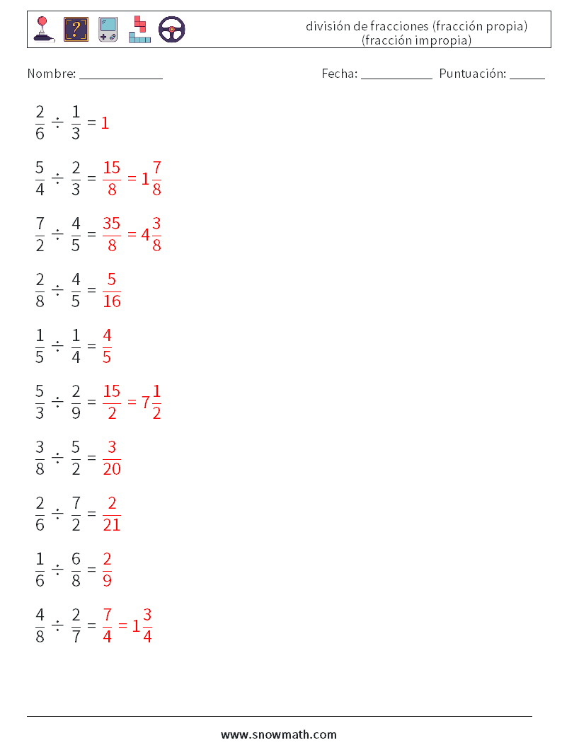 (10) división de fracciones (fracción propia) (fracción impropia) Hojas de trabajo de matemáticas 9 Pregunta, respuesta