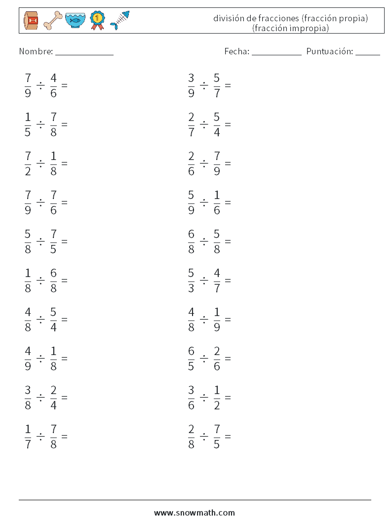 (20) división de fracciones (fracción propia) (fracción impropia) Hojas de trabajo de matemáticas 1