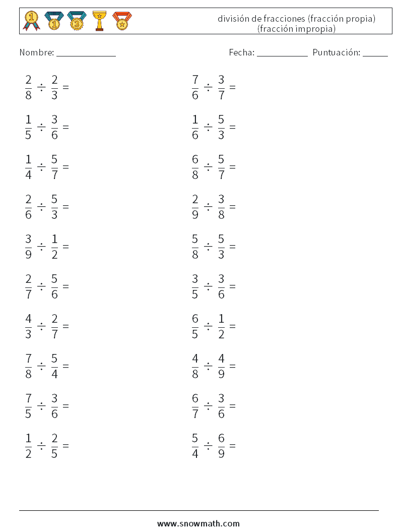 (20) división de fracciones (fracción propia) (fracción impropia) Hojas de trabajo de matemáticas 12