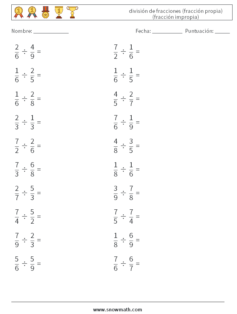 (20) división de fracciones (fracción propia) (fracción impropia) Hojas de trabajo de matemáticas 13