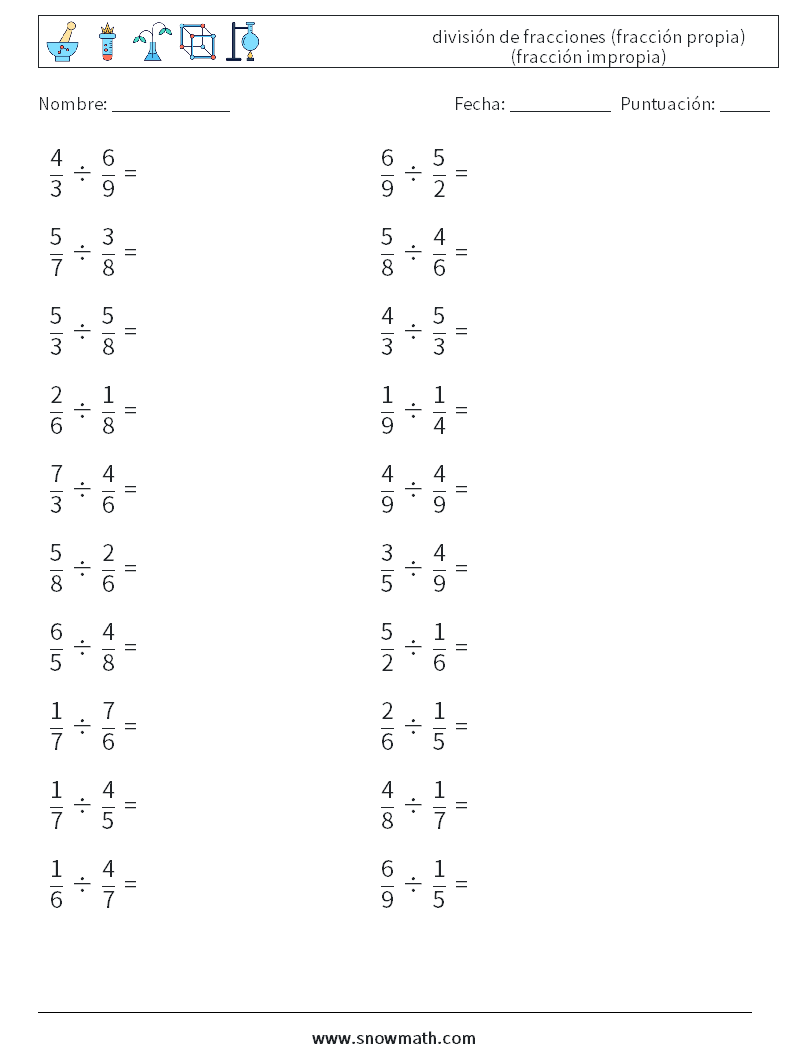 (20) división de fracciones (fracción propia) (fracción impropia) Hojas de trabajo de matemáticas 14