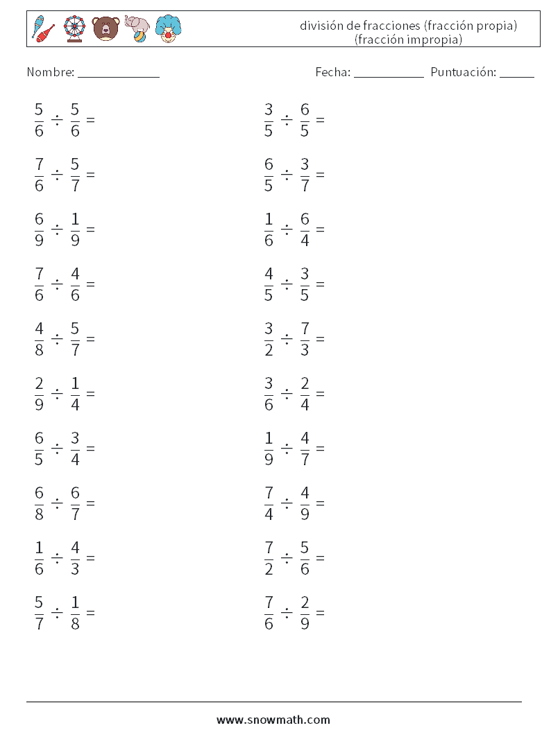 (20) división de fracciones (fracción propia) (fracción impropia) Hojas de trabajo de matemáticas 15