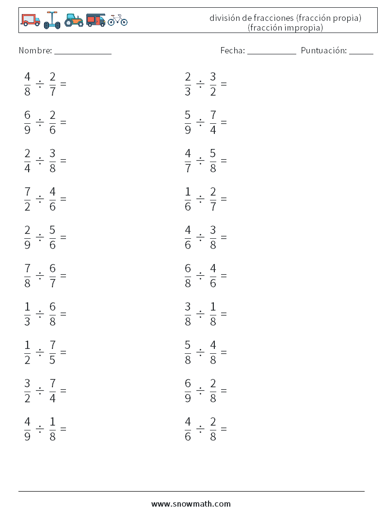 (20) división de fracciones (fracción propia) (fracción impropia) Hojas de trabajo de matemáticas 17