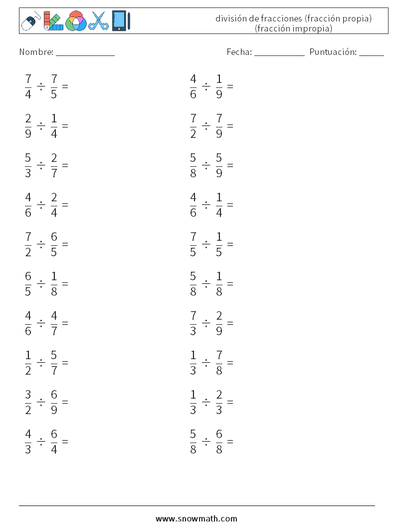 (20) división de fracciones (fracción propia) (fracción impropia) Hojas de trabajo de matemáticas 18