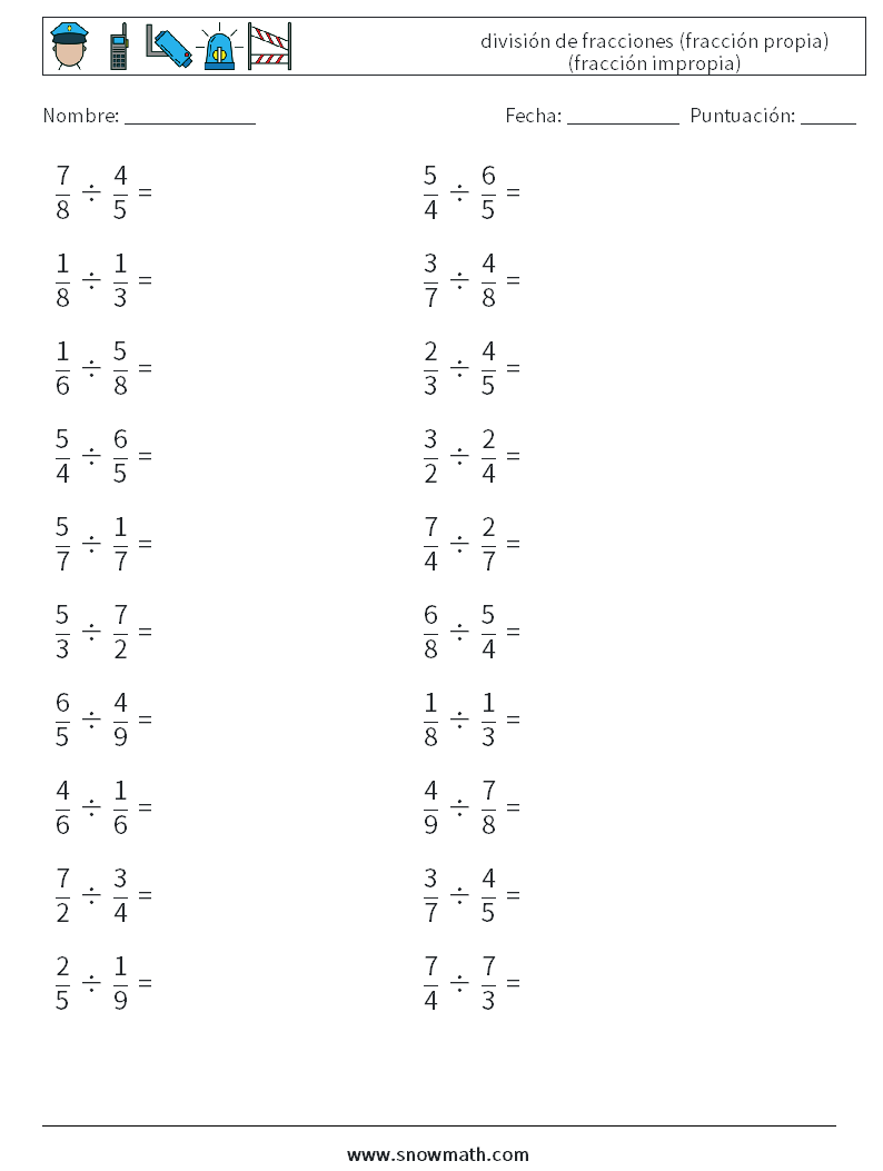 (20) división de fracciones (fracción propia) (fracción impropia) Hojas de trabajo de matemáticas 2