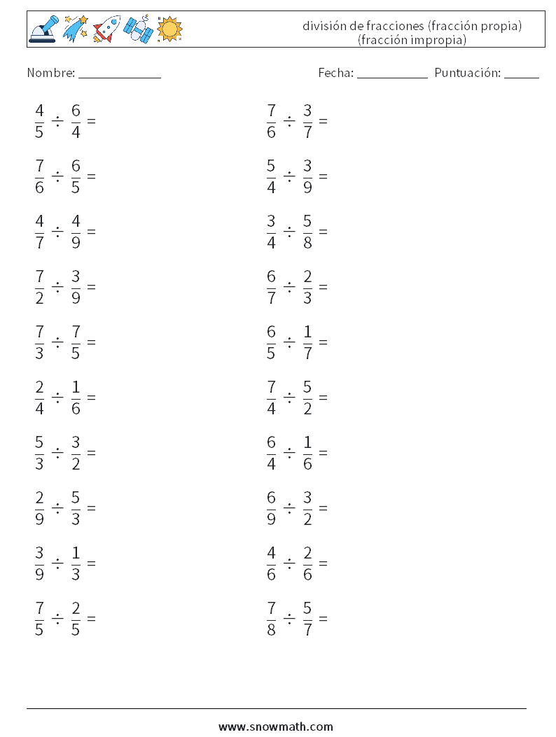 (20) división de fracciones (fracción propia) (fracción impropia) Hojas de trabajo de matemáticas 3