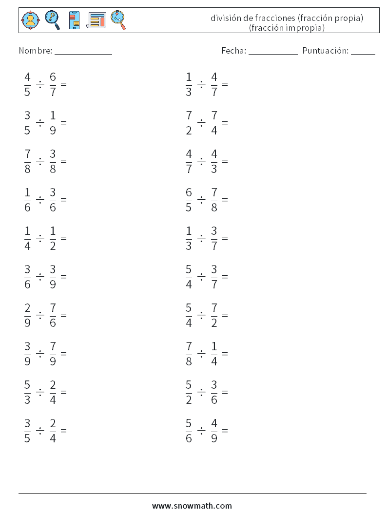 (20) división de fracciones (fracción propia) (fracción impropia) Hojas de trabajo de matemáticas 5