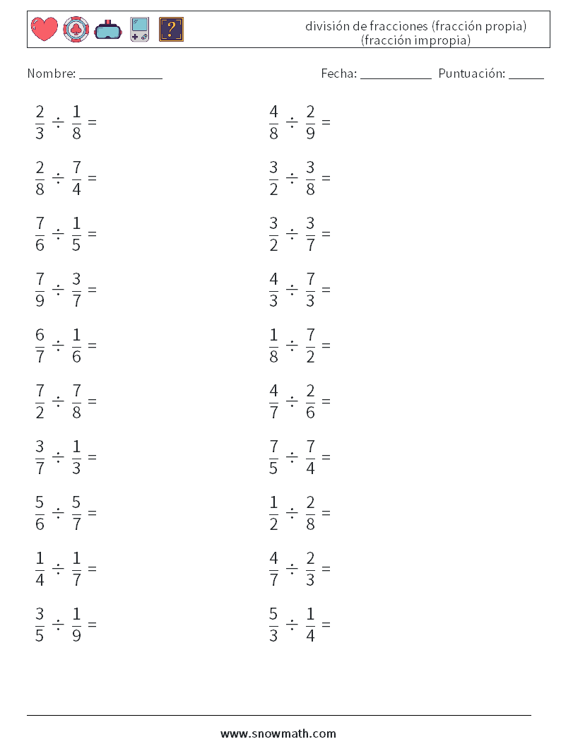 (20) división de fracciones (fracción propia) (fracción impropia) Hojas de trabajo de matemáticas 6