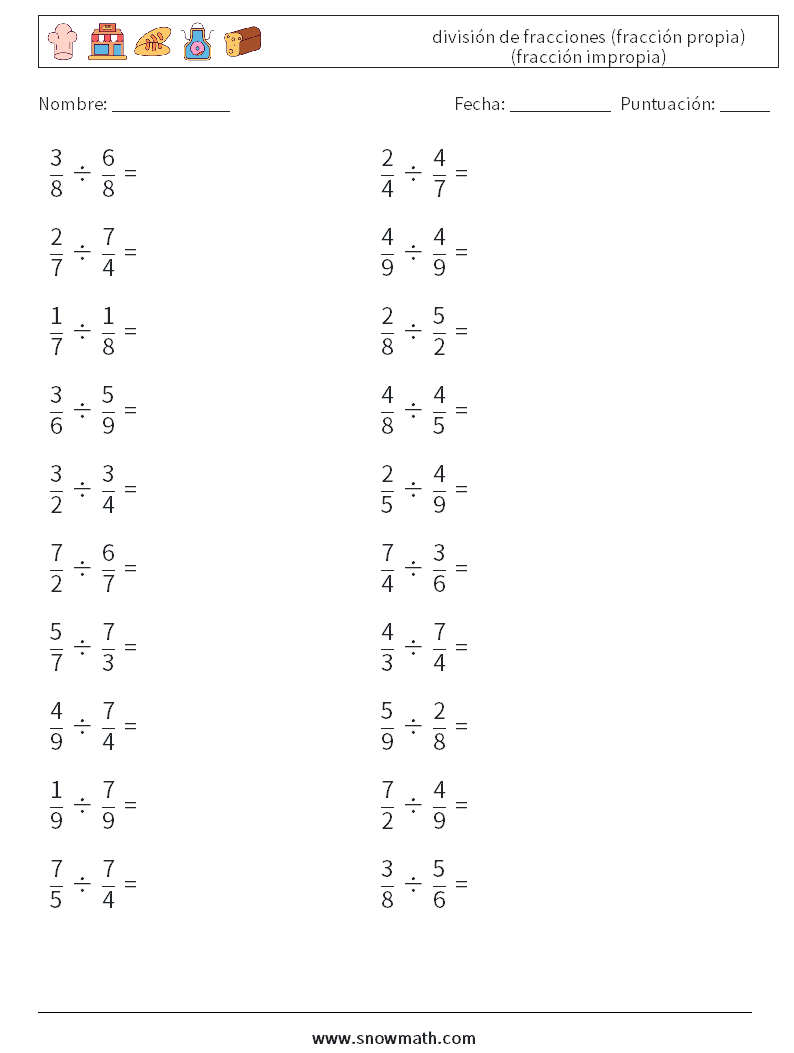 (20) división de fracciones (fracción propia) (fracción impropia) Hojas de trabajo de matemáticas 8