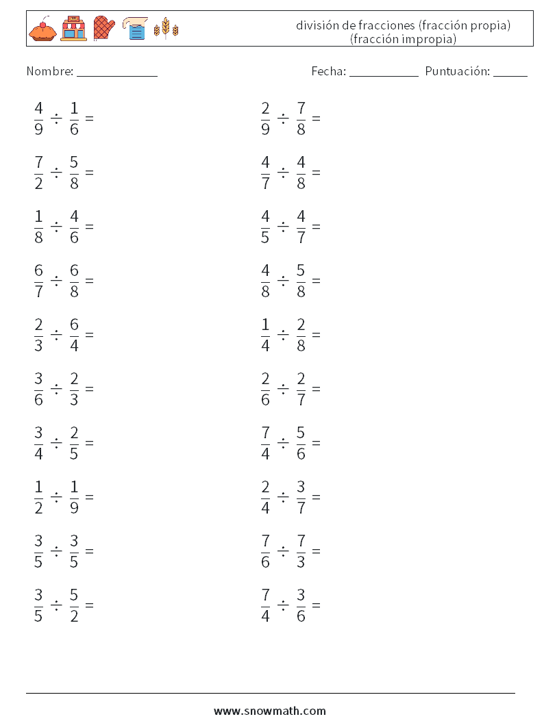 (20) división de fracciones (fracción propia) (fracción impropia) Hojas de trabajo de matemáticas 9