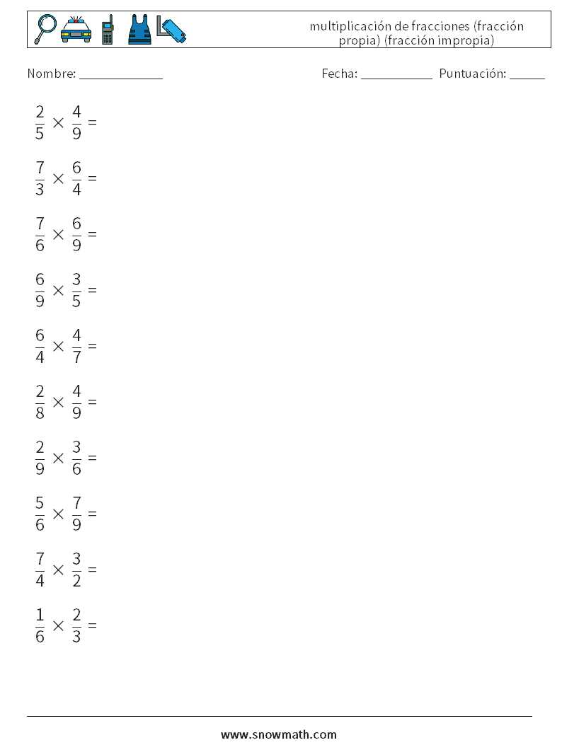 (10) multiplicación de fracciones (fracción propia) (fracción impropia) Hojas de trabajo de matemáticas 12