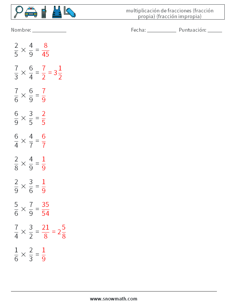 (10) multiplicación de fracciones (fracción propia) (fracción impropia) Hojas de trabajo de matemáticas 12 Pregunta, respuesta