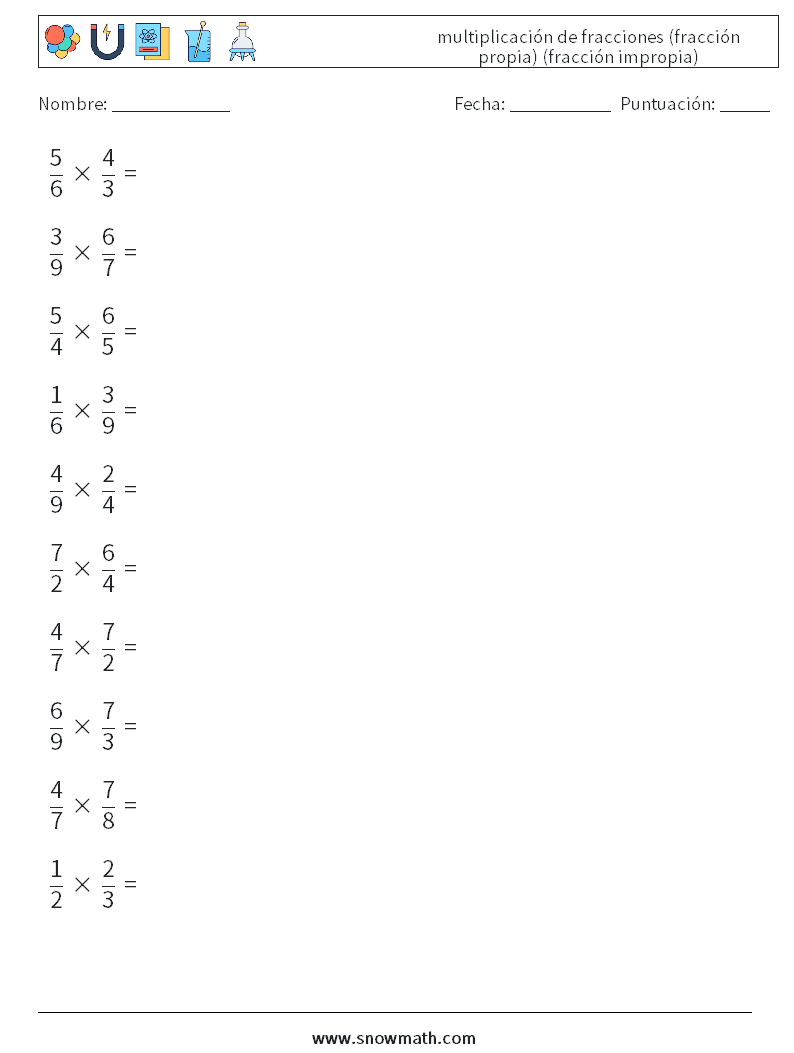 (10) multiplicación de fracciones (fracción propia) (fracción impropia) Hojas de trabajo de matemáticas 13