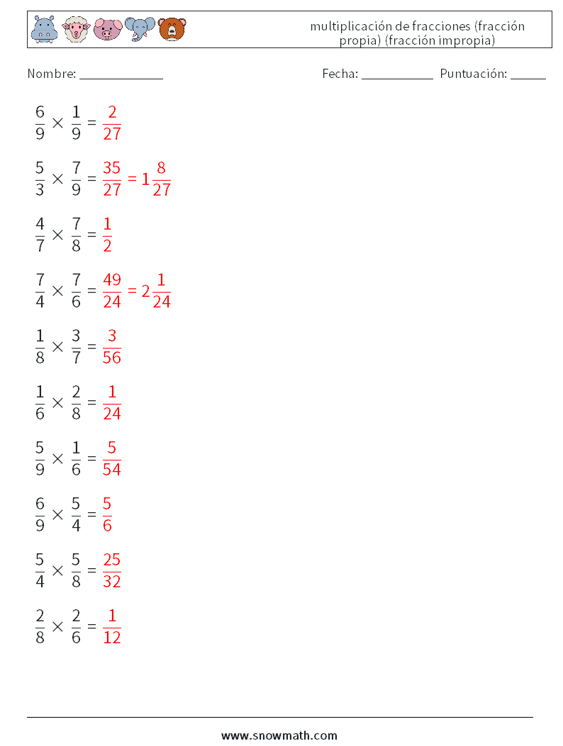 (10) multiplicación de fracciones (fracción propia) (fracción impropia) Hojas de trabajo de matemáticas 14 Pregunta, respuesta