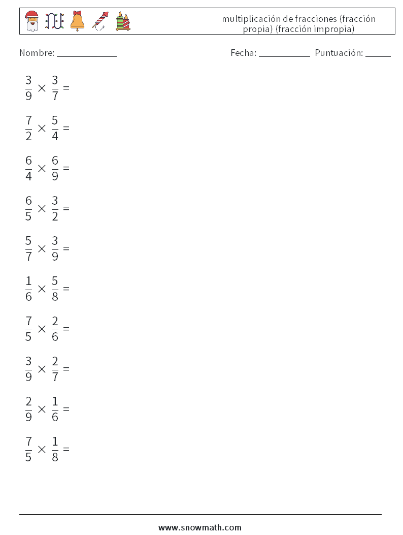 (10) multiplicación de fracciones (fracción propia) (fracción impropia) Hojas de trabajo de matemáticas 15