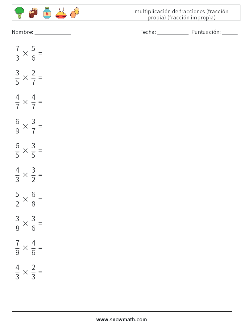 (10) multiplicación de fracciones (fracción propia) (fracción impropia) Hojas de trabajo de matemáticas 16