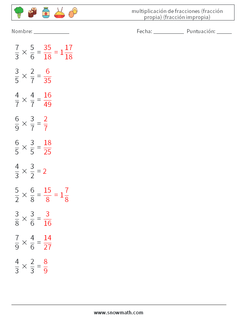 (10) multiplicación de fracciones (fracción propia) (fracción impropia) Hojas de trabajo de matemáticas 16 Pregunta, respuesta