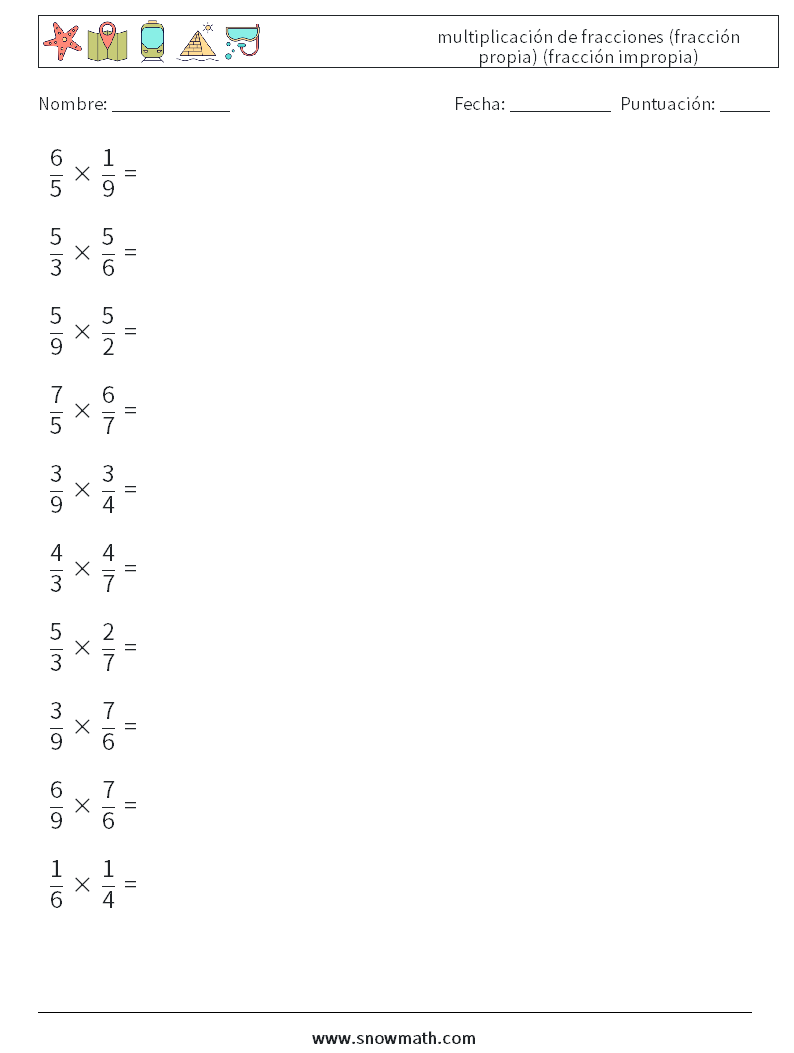 (10) multiplicación de fracciones (fracción propia) (fracción impropia) Hojas de trabajo de matemáticas 17