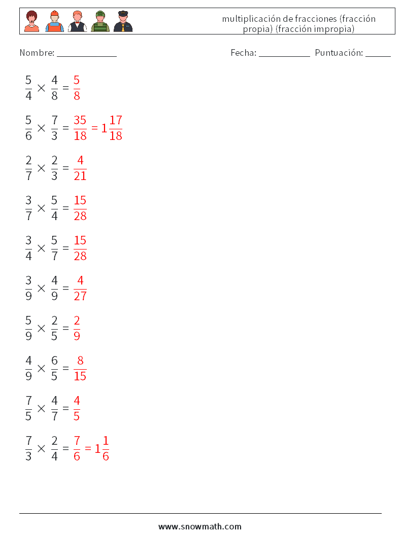 (10) multiplicación de fracciones (fracción propia) (fracción impropia) Hojas de trabajo de matemáticas 1 Pregunta, respuesta