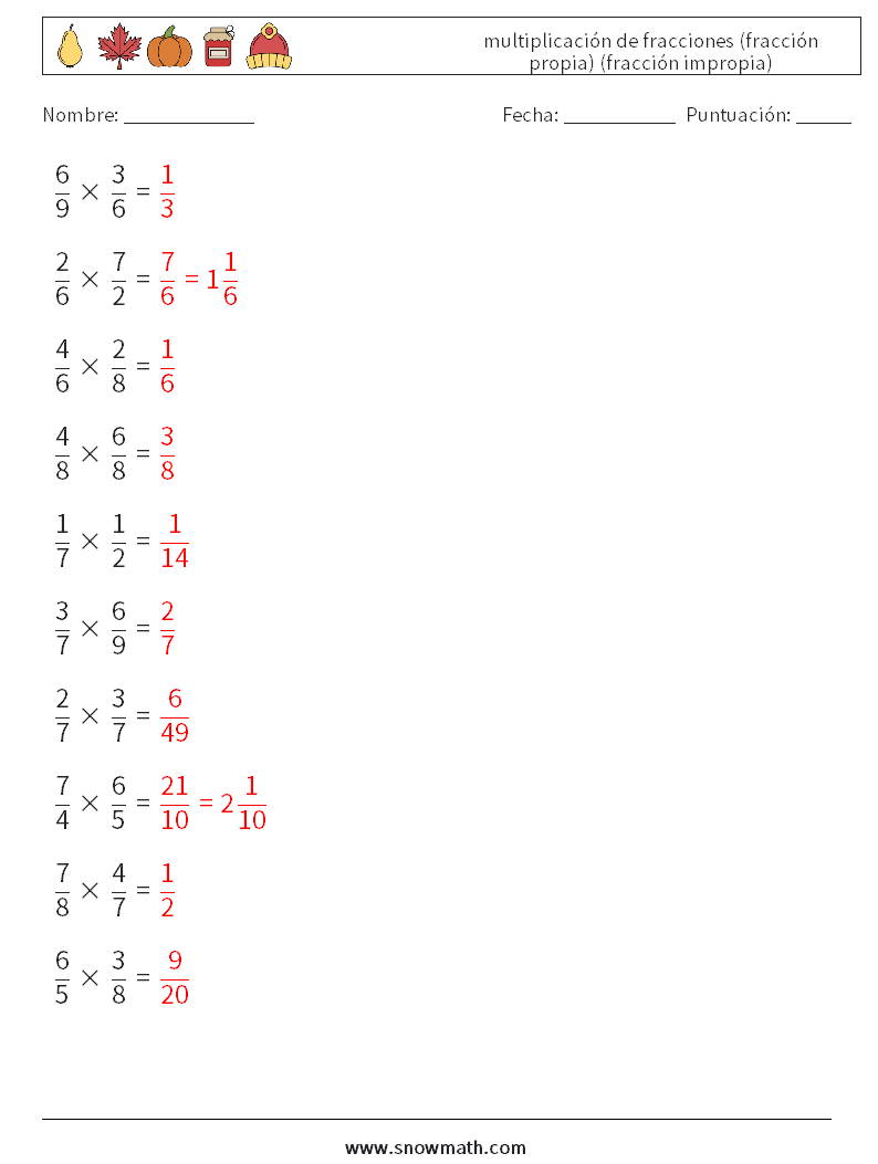 (10) multiplicación de fracciones (fracción propia) (fracción impropia) Hojas de trabajo de matemáticas 2 Pregunta, respuesta