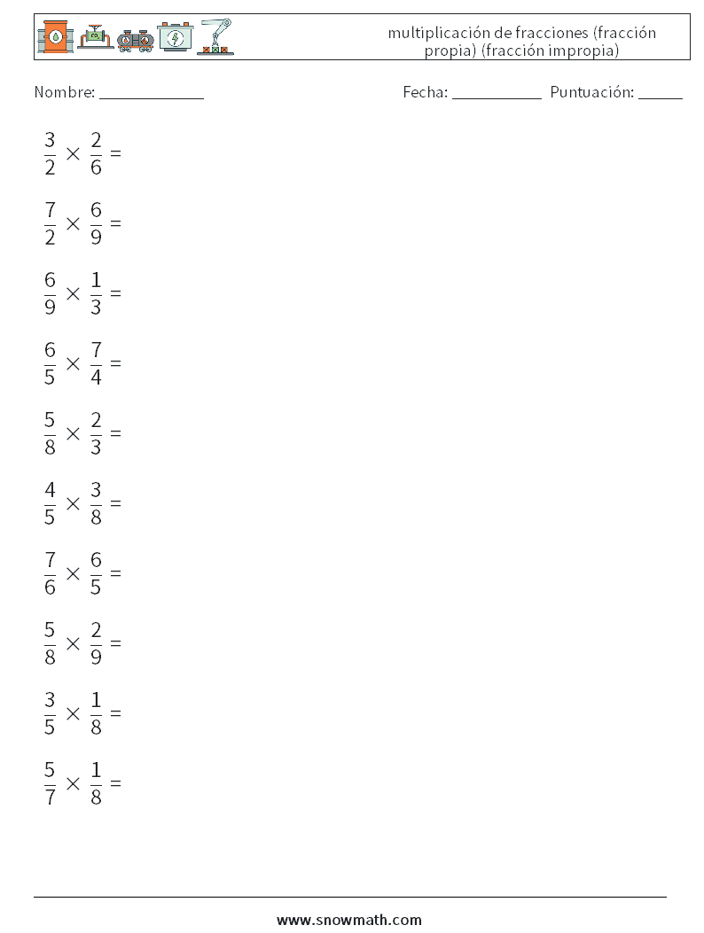 (10) multiplicación de fracciones (fracción propia) (fracción impropia) Hojas de trabajo de matemáticas 3