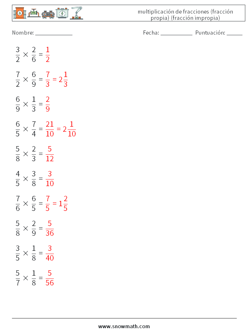 (10) multiplicación de fracciones (fracción propia) (fracción impropia) Hojas de trabajo de matemáticas 3 Pregunta, respuesta