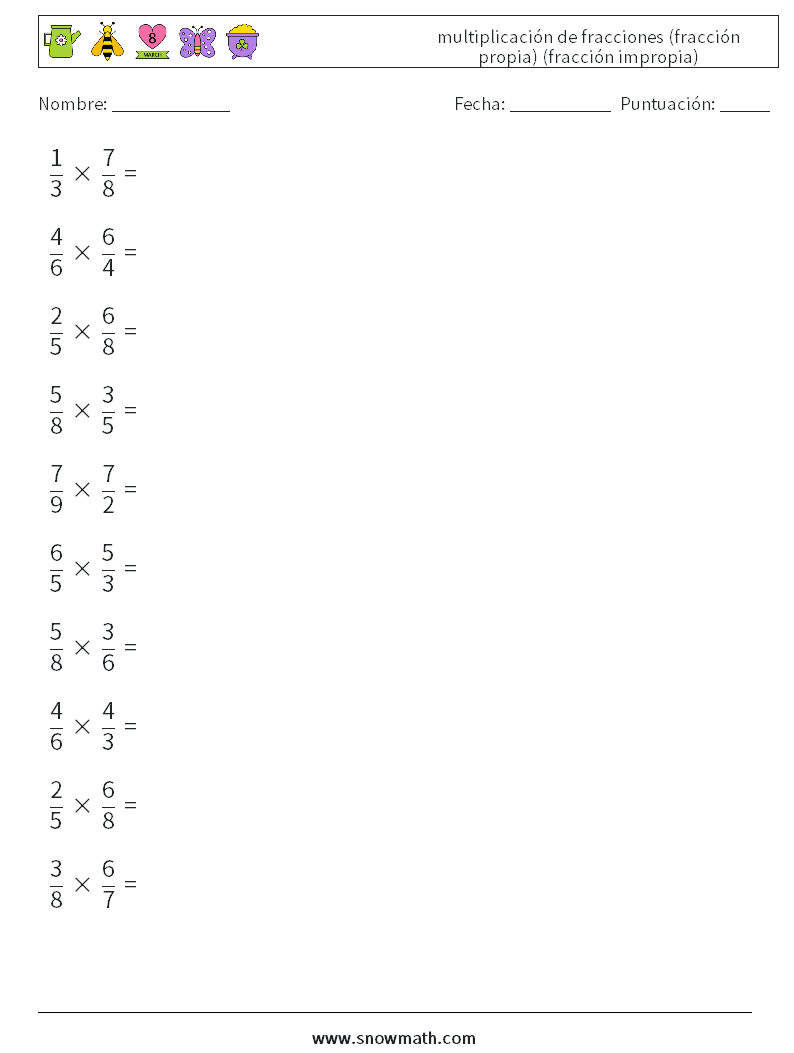 (10) multiplicación de fracciones (fracción propia) (fracción impropia) Hojas de trabajo de matemáticas 4