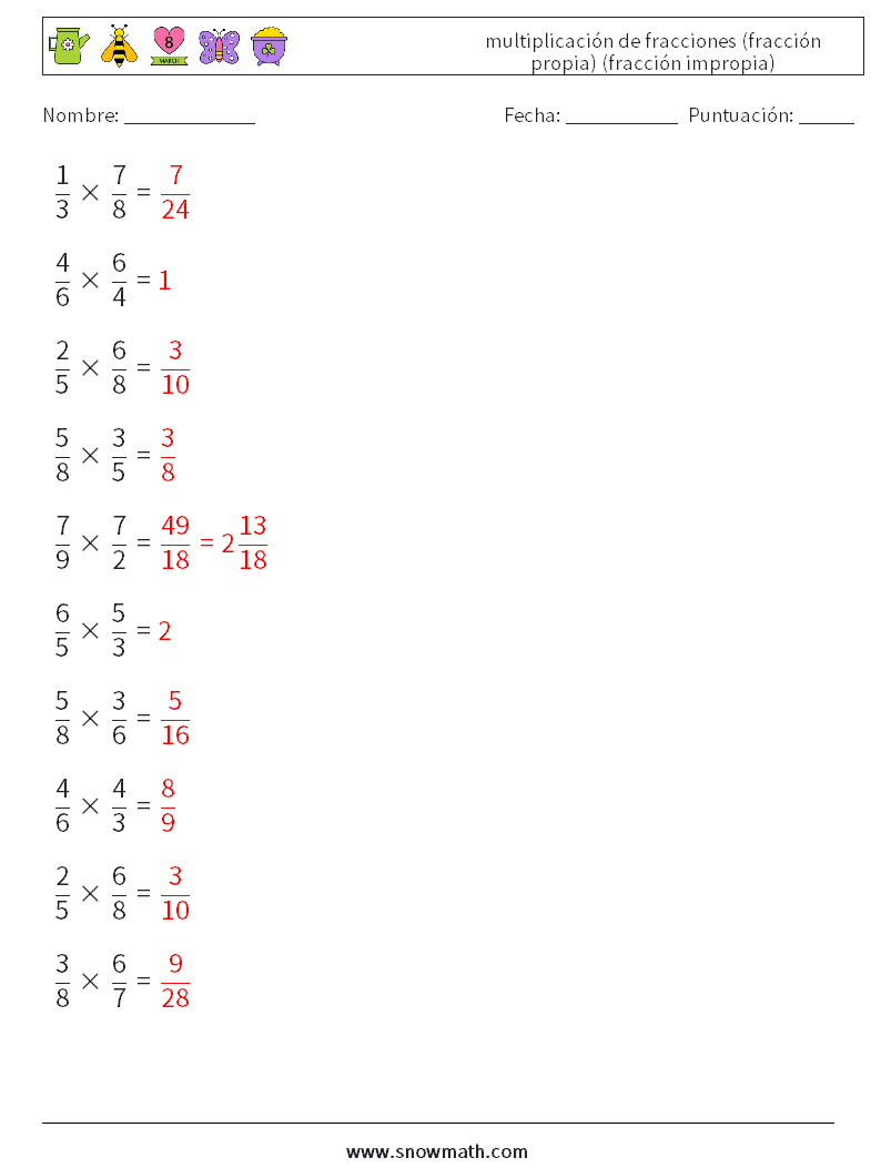 (10) multiplicación de fracciones (fracción propia) (fracción impropia) Hojas de trabajo de matemáticas 4 Pregunta, respuesta