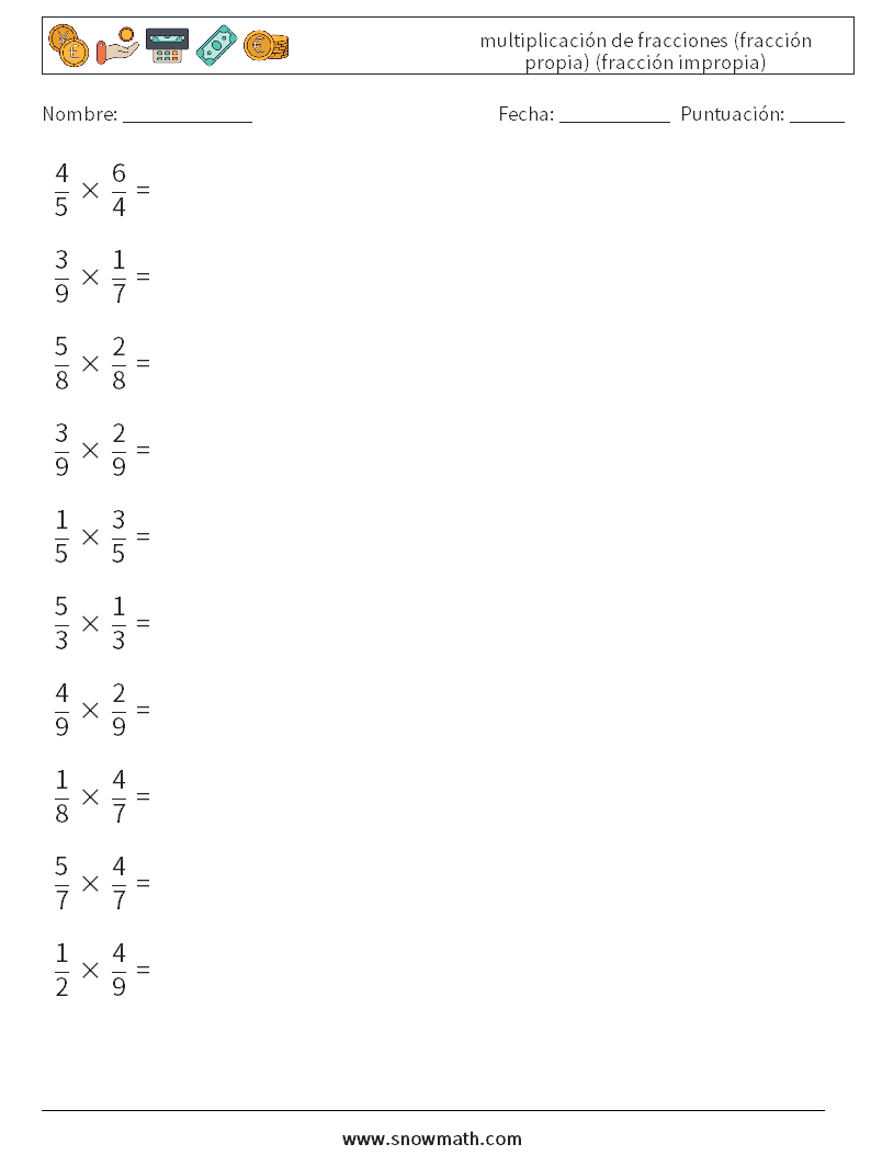 (10) multiplicación de fracciones (fracción propia) (fracción impropia) Hojas de trabajo de matemáticas 5